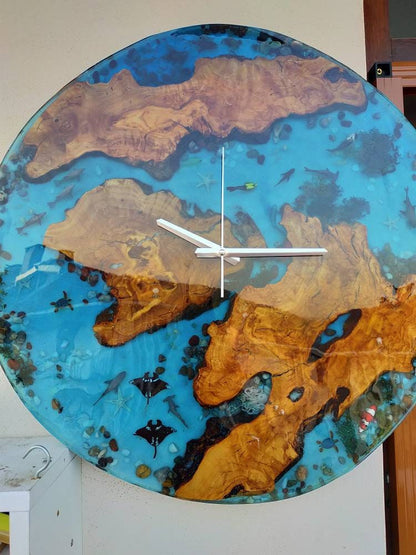 Aquarium Epoxy & Olive Wood Wall Clock resinwoodliving