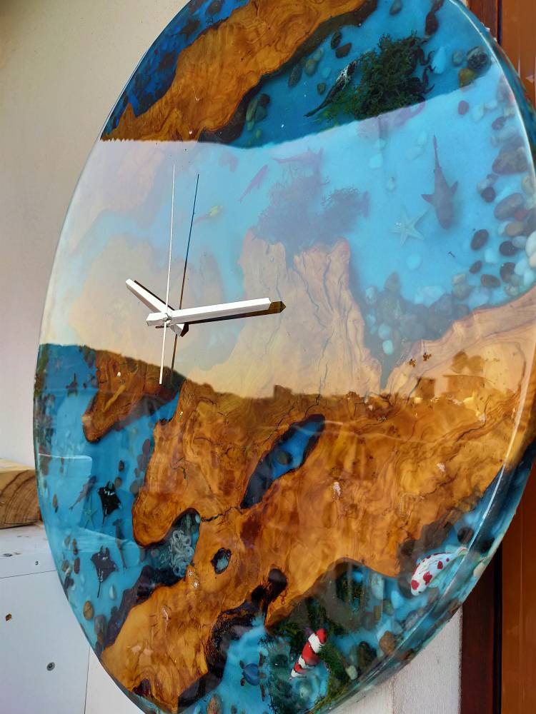 Aquarium Epoxy & Olive Wood Wall Clock resinwoodliving