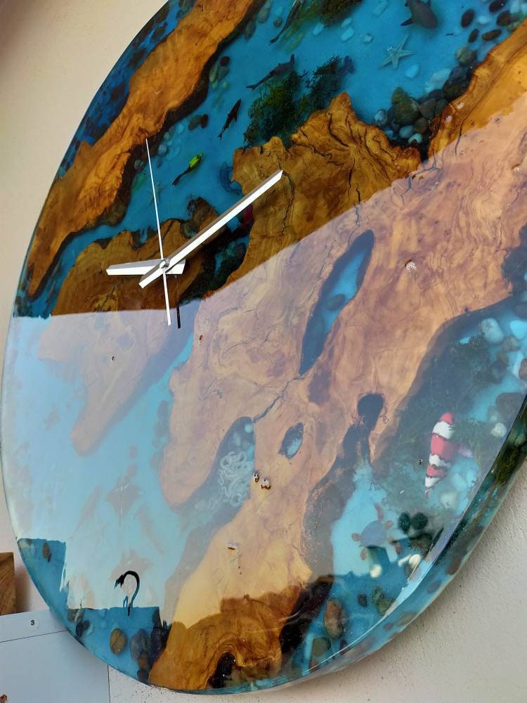 Aquarium Epoxy & Olive Wood Wall Clock resinwoodliving