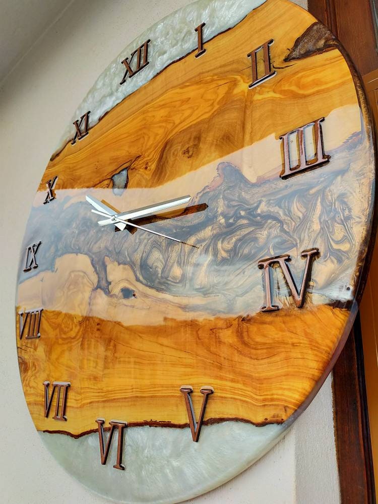 Bicolor Epoxy & Olive Wood Wall Clock resinwoodliving