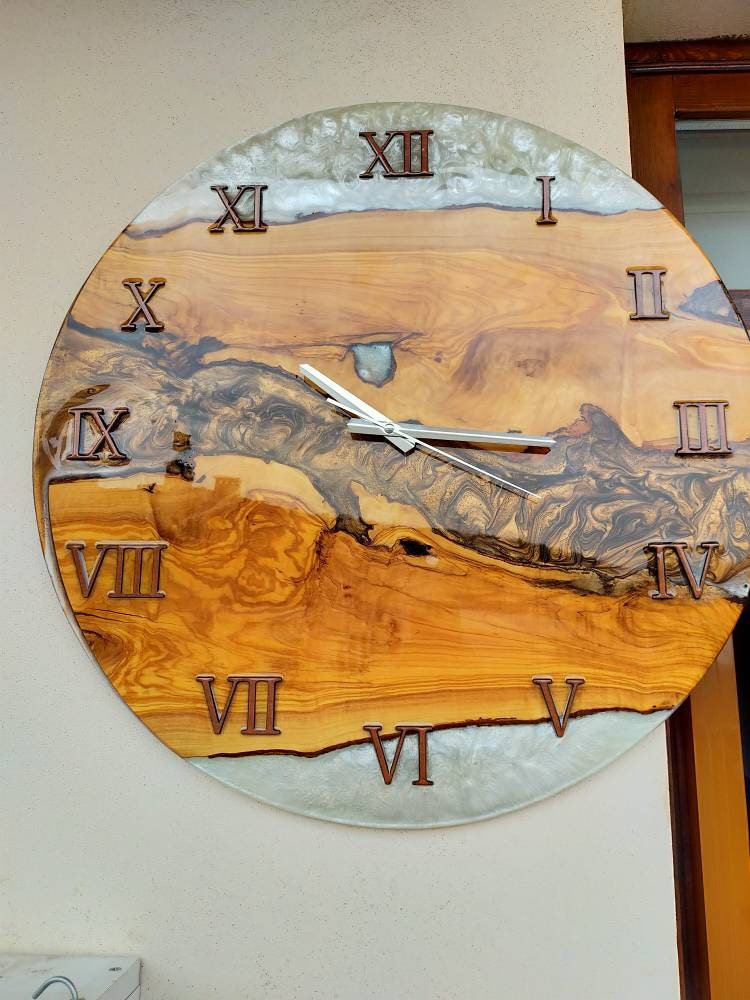 Bicolor Epoxy & Olive Wood Wall Clock resinwoodliving