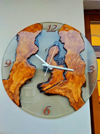 Transparent Epoxy & Olive Wood Wall Clock resinwoodliving