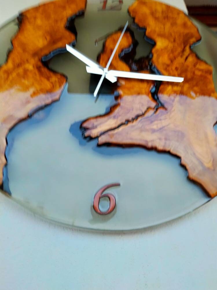 Transparent Epoxy & Olive Wood Wall Clock resinwoodliving