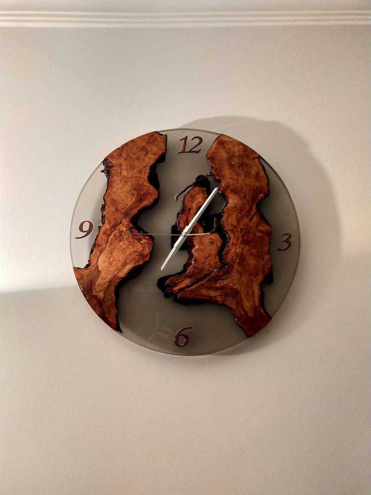 Transparent Epoxy & Olive Wood Wall Clock resinwoodliving