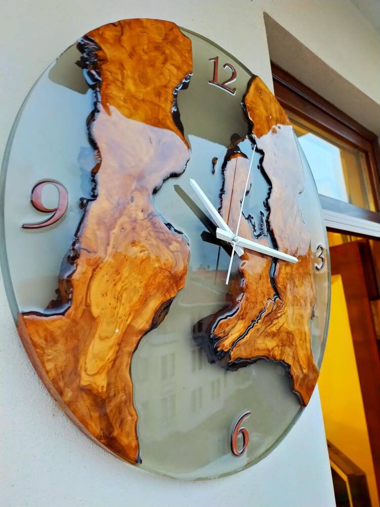 Transparent Epoxy & Olive Wood Wall Clock resinwoodliving