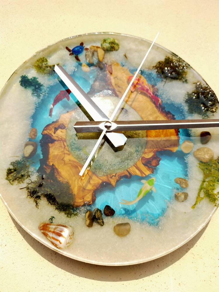 Aquarium Epoxy & Olive Wood Wall Clock resinwoodliving