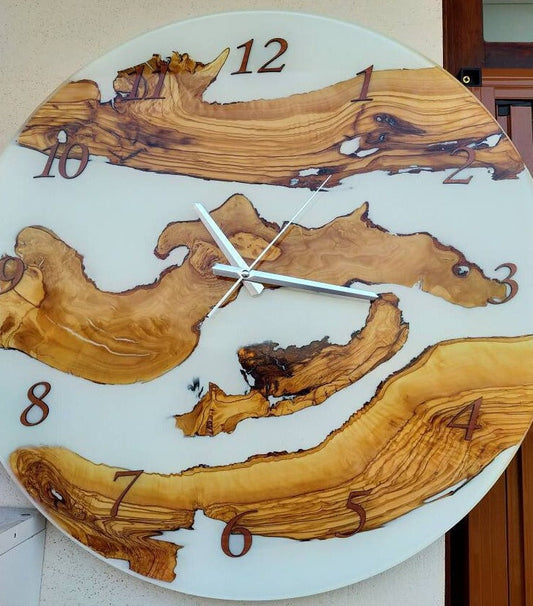 Metallic Color Epoxy & Olive Wood Wall Clock resinwoodliving