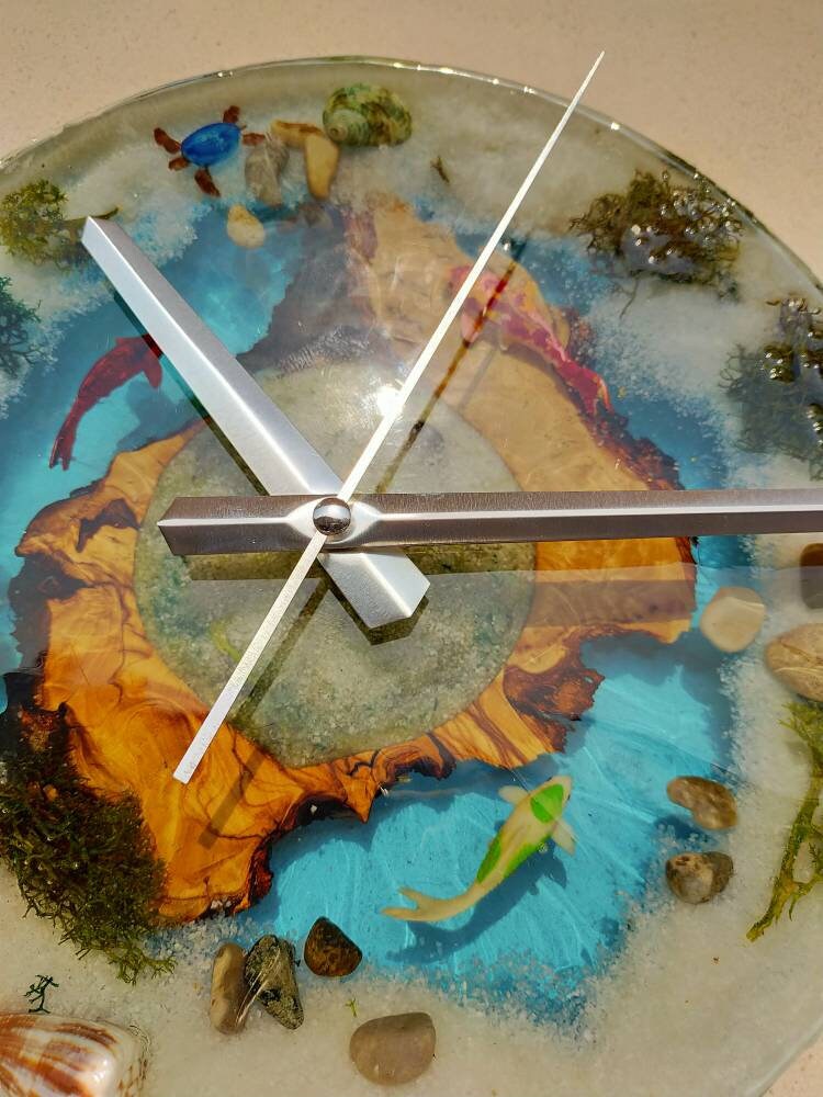 Aquarium Epoxy & Olive Wood Wall Clock resinwoodliving