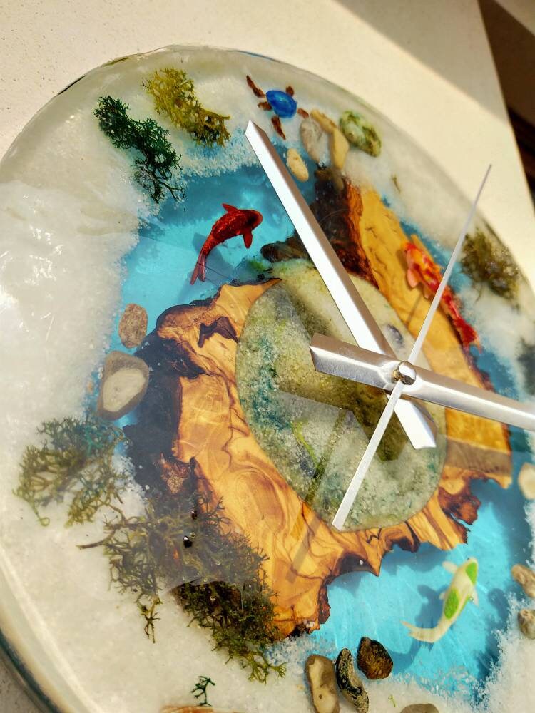 Aquarium Epoxy & Olive Wood Wall Clock resinwoodliving