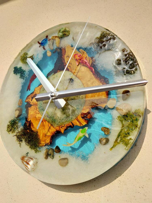 Aquarium Epoxy & Olive Wood Wall Clock resinwoodliving