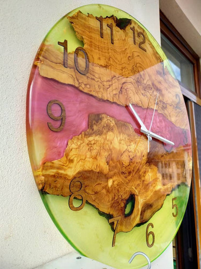 Transparent Epoxy & Olive Wood Wall Clock resinwoodliving