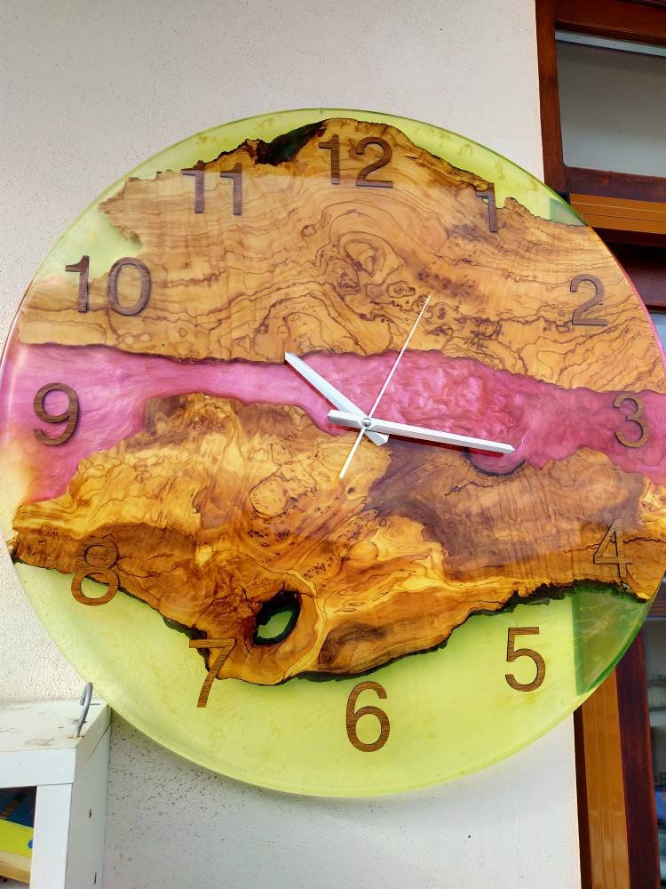 Transparent Epoxy & Olive Wood Wall Clock resinwoodliving