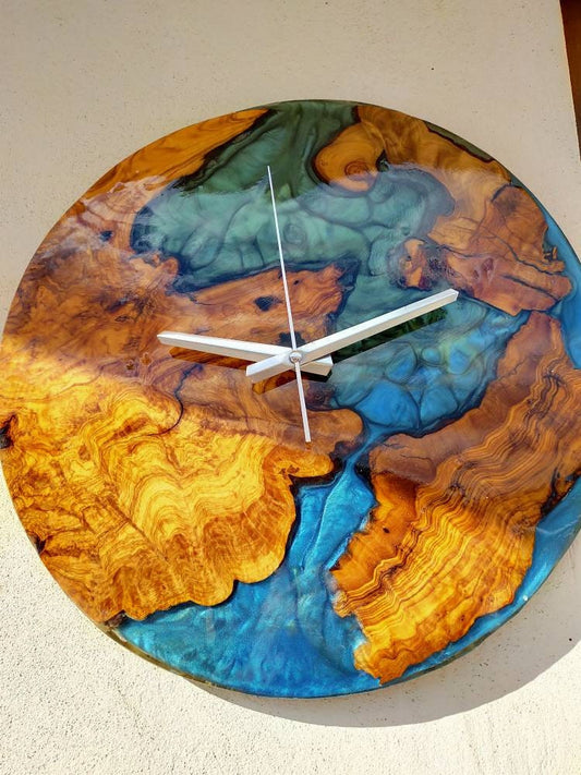 Bicolor Epoxy & Olive Wood Wall Clock resinwoodliving