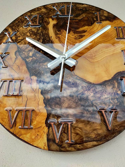 Metallic Color Epoxy & Olive Wood Wall Clock resinwoodliving