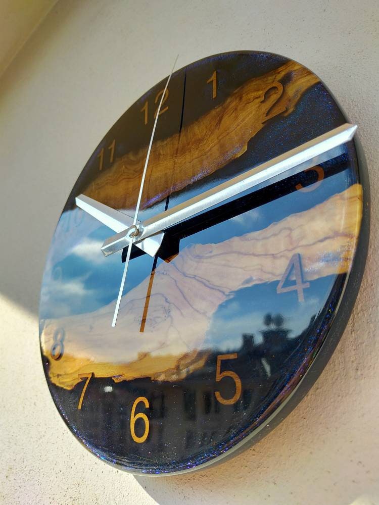 Transparent Epoxy & Olive Wood Wall Clock resinwoodliving