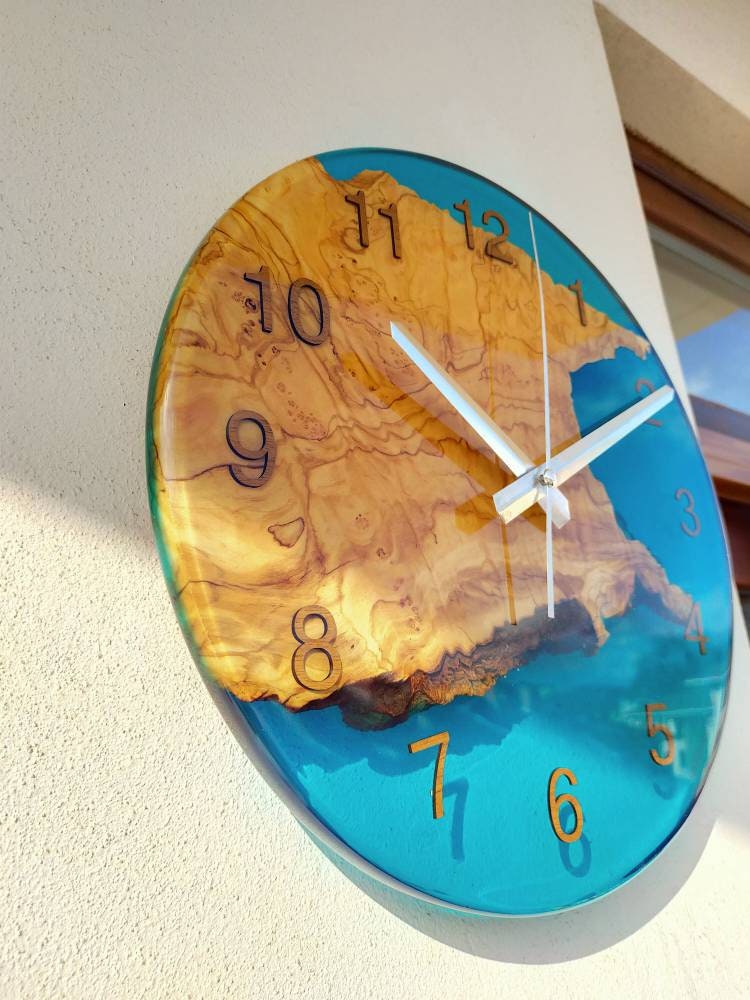 Transparent Epoxy & Olive Wood Wall Clock resinwoodliving