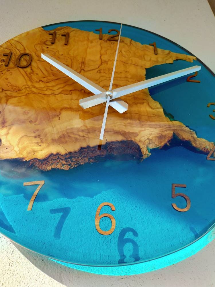 Transparent Epoxy & Olive Wood Wall Clock resinwoodliving