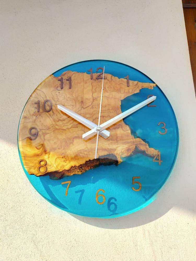 Transparent Epoxy & Olive Wood Wall Clock resinwoodliving