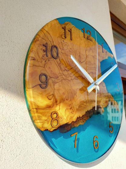 Transparent Epoxy & Olive Wood Wall Clock resinwoodliving