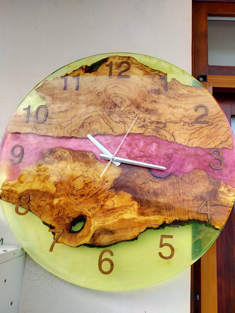 Transparent Epoxy & Olive Wood Wall Clock resinwoodliving