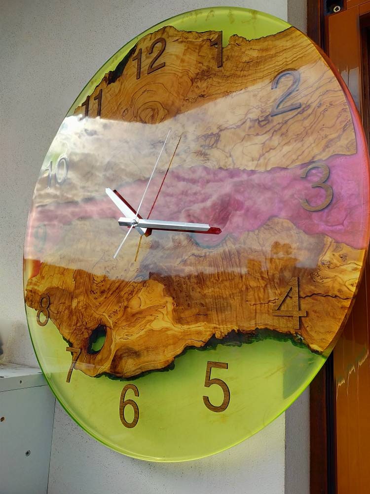 Transparent Epoxy & Olive Wood Wall Clock resinwoodliving