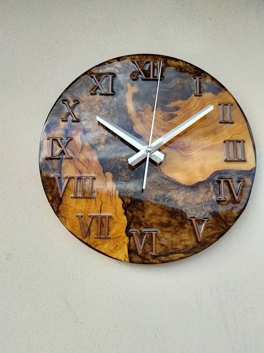 Metallic Color Epoxy & Olive Wood Wall Clock resinwoodliving