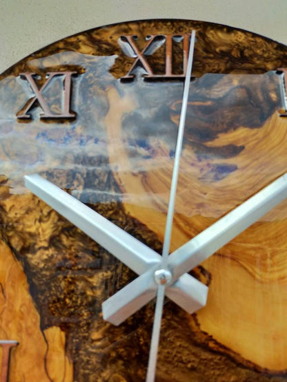 Metallic Color Epoxy & Olive Wood Wall Clock resinwoodliving