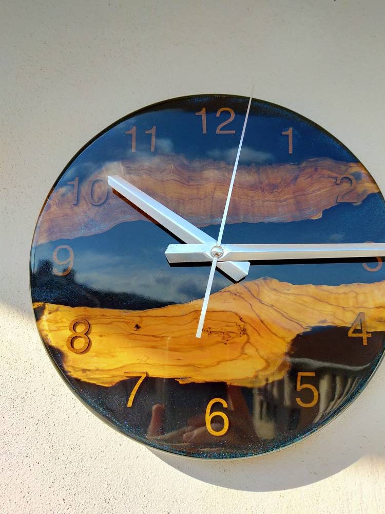 Transparent Epoxy & Olive Wood Wall Clock resinwoodliving