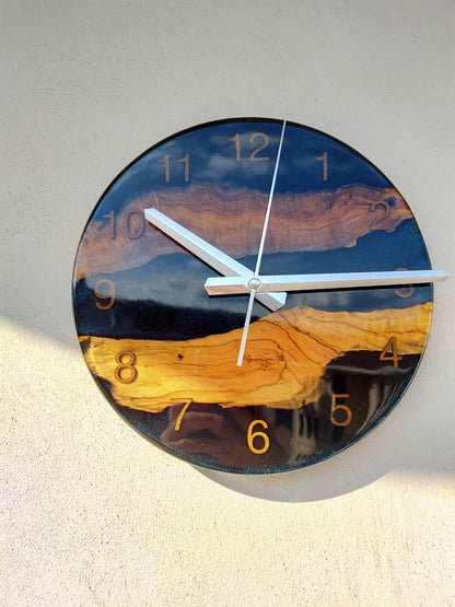 Transparent Epoxy & Olive Wood Wall Clock resinwoodliving