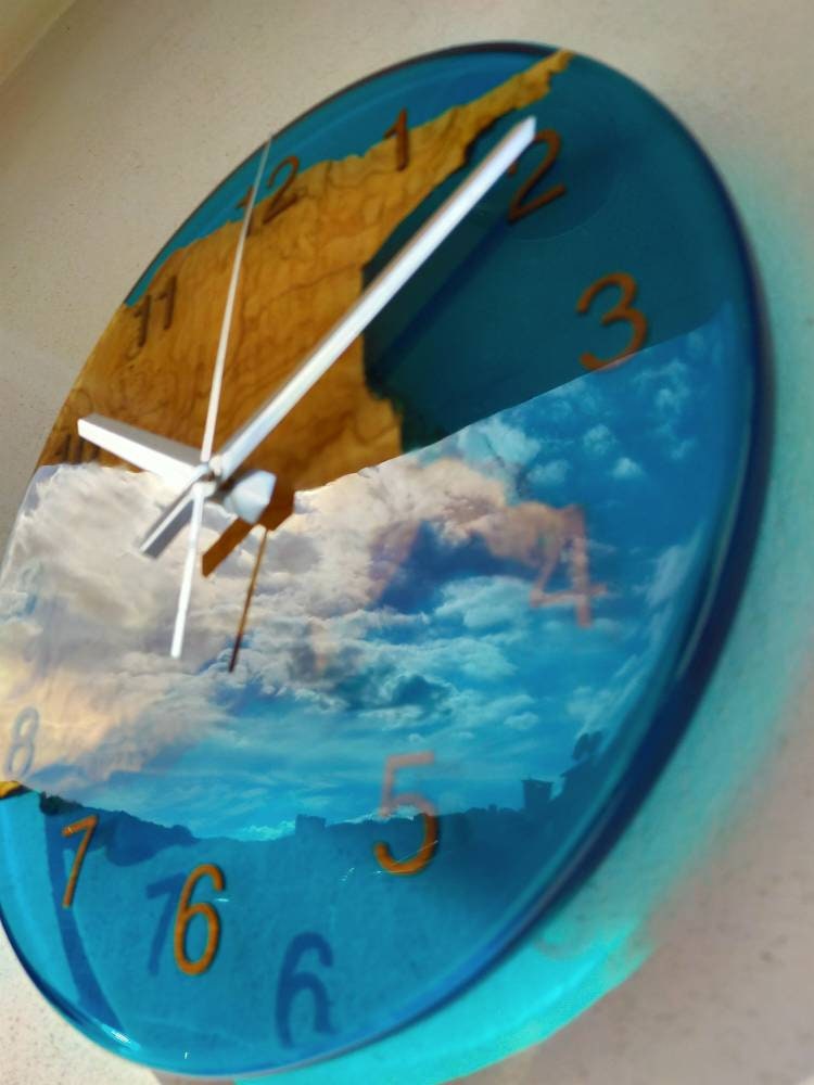 Transparent Epoxy & Olive Wood Wall Clock resinwoodliving