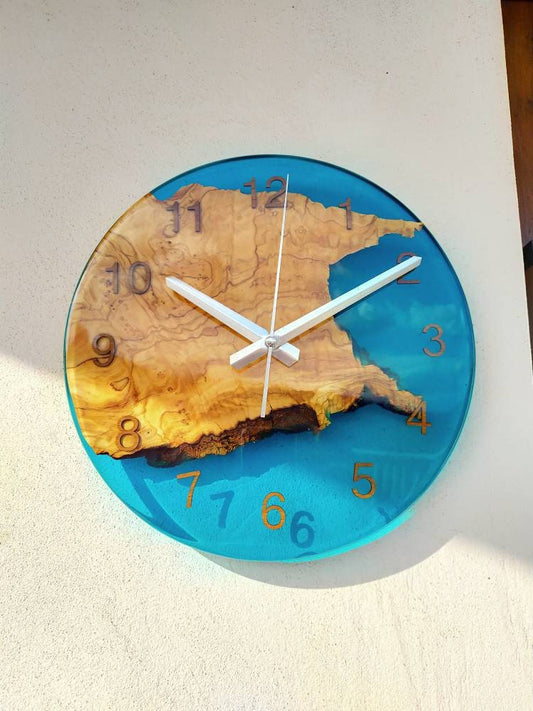 Transparent Epoxy & Olive Wood Wall Clock resinwoodliving