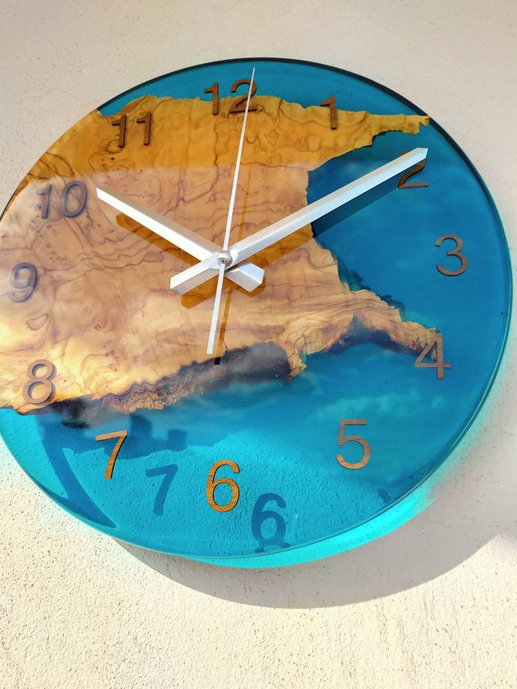 Transparent Epoxy & Olive Wood Wall Clock resinwoodliving