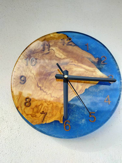 Transparent Epoxy & Olive Wood Wall Clock resinwoodliving