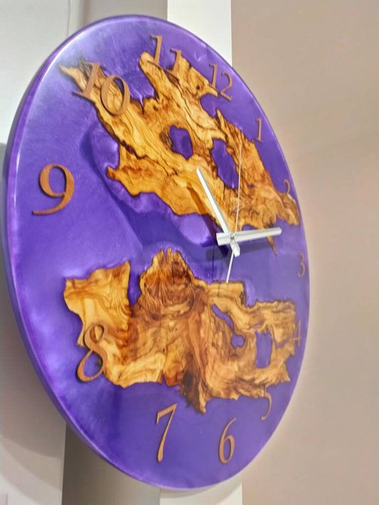 Metallic Color Epoxy & Olive Wood Wall Clock resinwoodliving