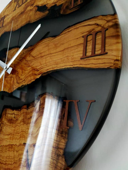 Transparent Epoxy & Olive Wood Wall Clock resinwoodliving