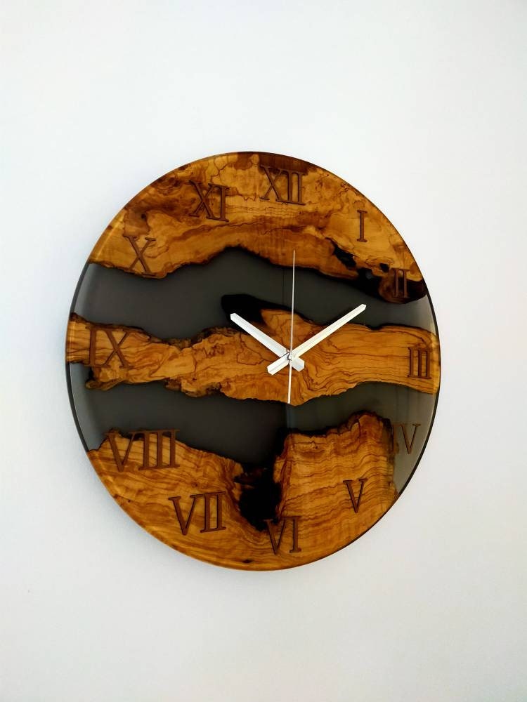 Transparent Epoxy & Olive Wood Wall Clock resinwoodliving