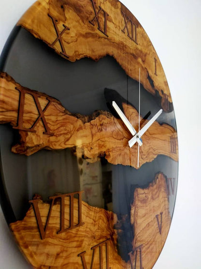 Transparent Epoxy & Olive Wood Wall Clock resinwoodliving