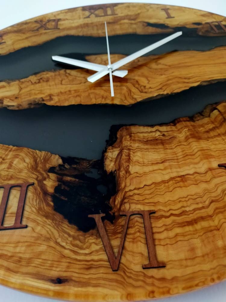 Transparent Epoxy & Olive Wood Wall Clock resinwoodliving