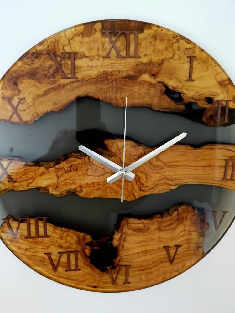 Transparent Epoxy & Olive Wood Wall Clock resinwoodliving