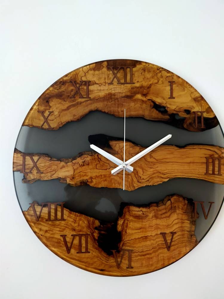 Transparent Epoxy & Olive Wood Wall Clock resinwoodliving