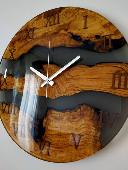 Transparent Epoxy & Olive Wood Wall Clock resinwoodliving