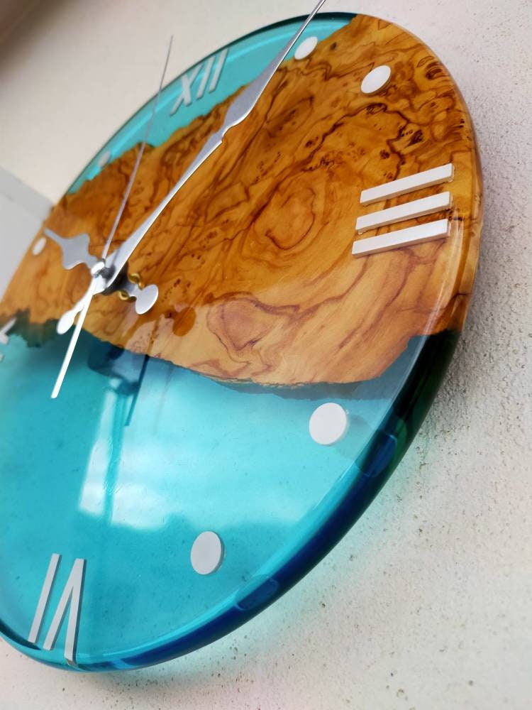 Transparent Epoxy & Olive Wood Wall Clock resinwoodliving