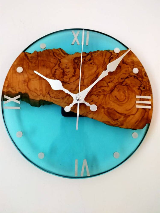 Transparent Epoxy & Olive Wood Wall Clock resinwoodliving