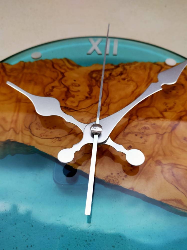 Transparent Epoxy & Olive Wood Wall Clock resinwoodliving