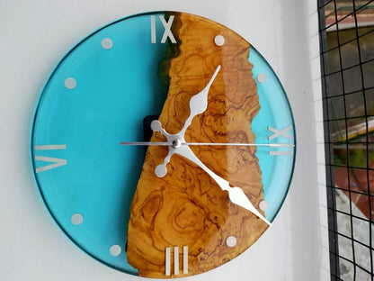 Transparent Epoxy & Olive Wood Wall Clock resinwoodliving