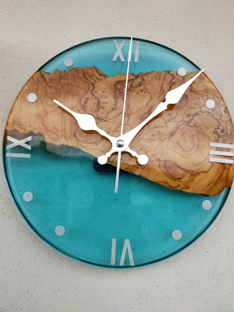 Transparent Epoxy & Olive Wood Wall Clock resinwoodliving