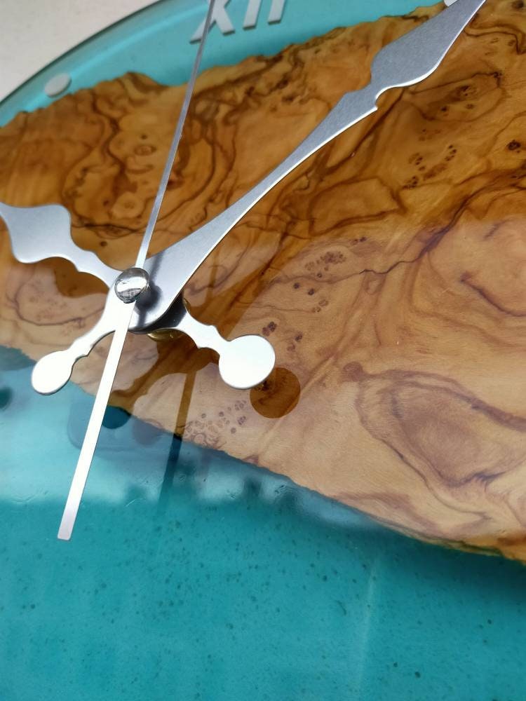 Transparent Epoxy & Olive Wood Wall Clock resinwoodliving