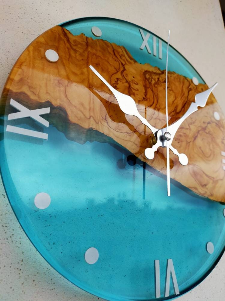 Transparent Epoxy & Olive Wood Wall Clock resinwoodliving