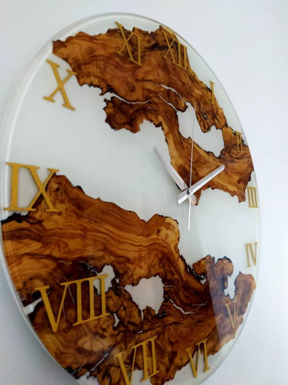 Metallic Color Epoxy & Olive Wood Wall Clock resinwoodliving