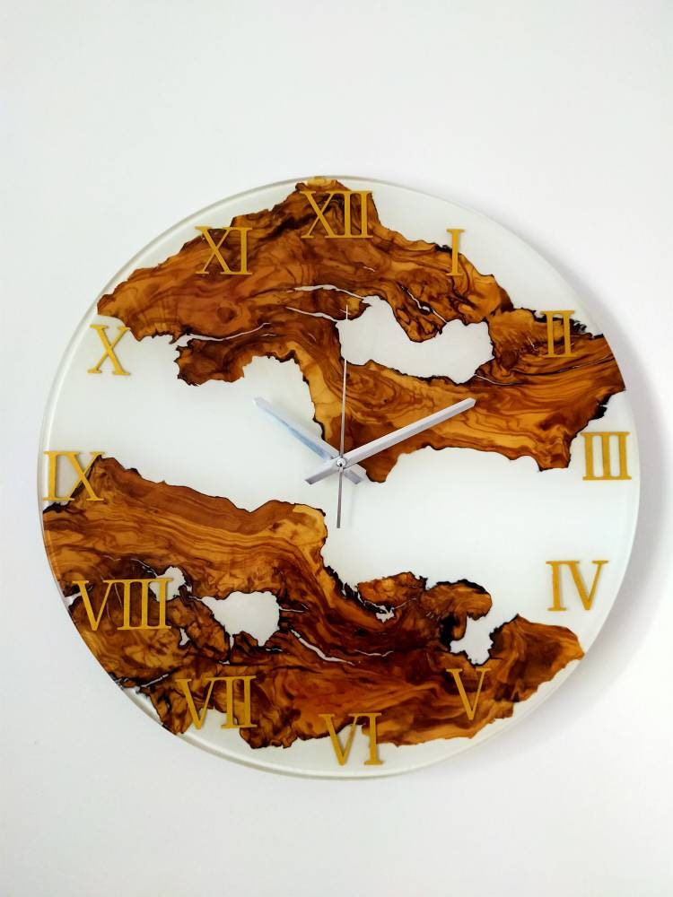 Metallic Color Epoxy & Olive Wood Wall Clock resinwoodliving